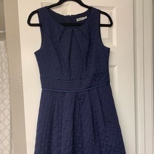 Navy Textured Knee-length Pleated Dress